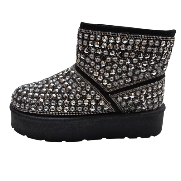 ROUGE Faux Fur Lined Studded Rhinestone Platform Ankle Boots Size 8 Black Silver - Picture 4 of 16